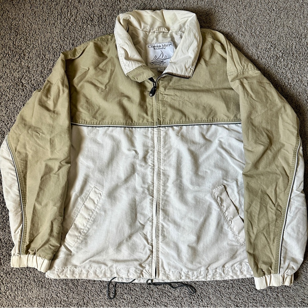 London Fog Tan and White Windbreaker Sporty Lightweight Coat